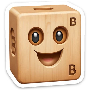 A wooden letter B block toy with adorable eyes and a happy expression sticker