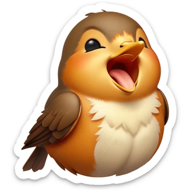 Cinematic Cute Yawning Robin Portrait Emoji, Head tilted slightly with a dramatic, wide-open yawn, showcasing a small, softly feathered body with gently drooping wings and sleepy, half-closed eyes, Simplified yet irresistibly adorable features, highly detailed, glowing with a soft, cozy glow, high shine, relaxed yet expressive, stylized with a dash of whimsical woodland charm, soft glowing outline, capturing the essence of a drowsy yet affectionate robin that appears ready to stretch out for a nap! sticker