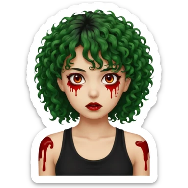 crie uma mulher, vibe total terror. mas ela com cabelo cacheado e franja. e pele verde. SAIA SANGUE DOS OLHOS VERMELHOS. ELA USA BLUSA REGATA PRETA. sticker