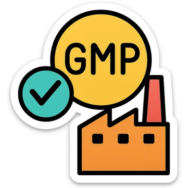 icon representing Good Manufacturing Practices (GMP) for supplement product labels, featuring a checkmark, a factory, and a circular badge, clean and professional style sticker