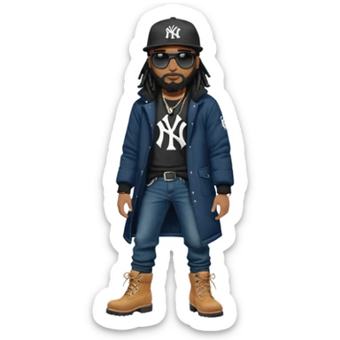 African American man with shoulder length black dreadlocks with black beard wearing black sunglasses wearing a black New York Yankees logo baseball cap wearing a black bubble winter coat wearing denim skinny jeans tying up his timberland boots sticker