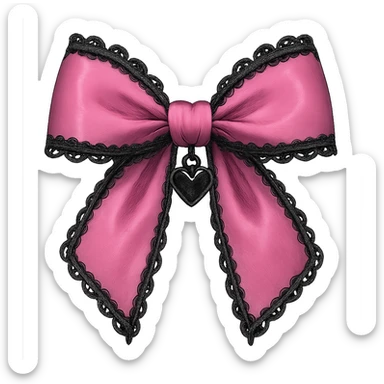 pink gothic bow with black lace trim and heart charm, remove background sticker