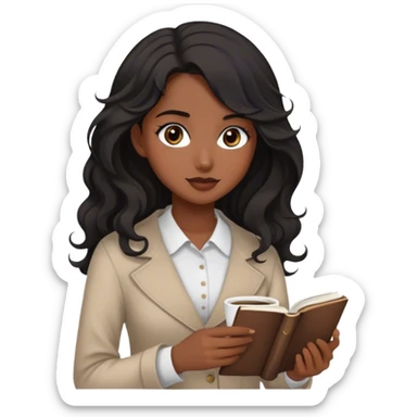 A girl with black wavy hair,wearing modest clothes with manga book and coffee her eyes are dark brown her skin color is a little dark but not that much  sticker