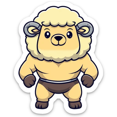 buff sheep, bodybuilder pose, fluffy wool, bold stance sticker