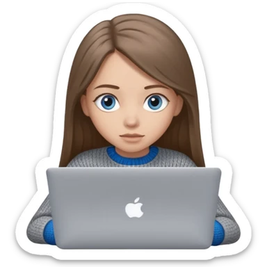 moji of a cute 3D girl with long straight brown hair and big blue eyes, wearing a grey knitted sweater. She is typing on a silver MacBook laptop, white background. sticker