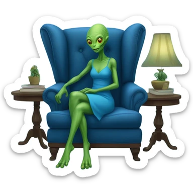 green alien reptilian woman in blue dress, sitting on a blue couch  sticker