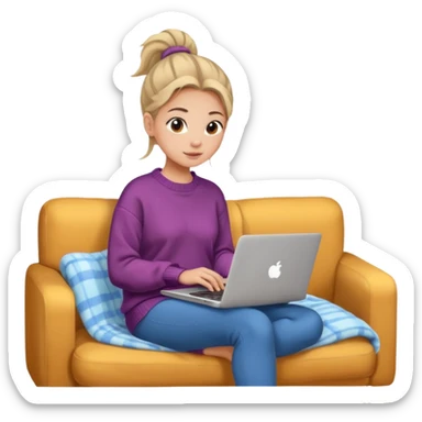 Cozy girl with ponytail on a cozy sofa with laptop on knees and a warm blanket, relaxed online shopping from home sticker