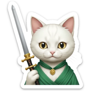 un gato blanco con reeferencia a rororoa zoro "una espada en cada mano y una en la boca" sticker