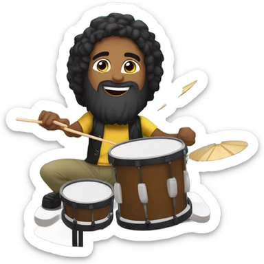 Create a scene of a Brazilian drummer with tied hair and a beard, full of joy, playing drums in his live stream. The logo "GG Lukas Drummer" should be clearly visible in the background. sticker
