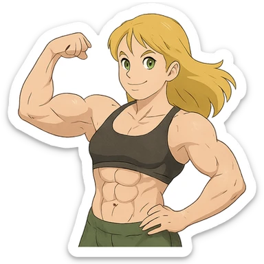 muscular white girl with blonde hair and green eyes, flexing 6 pack abs and one arm bicep sticker