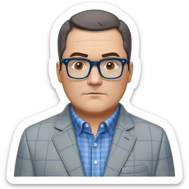 50-year-old heavyset man with very wide face and prominent square jawline. Short straight hair combed to the side, not balding. Large dark square glasses. Serious-relaxed expression. Light gray jacket that fits his larger frame, white shirt with blue checkered pattern. sticker