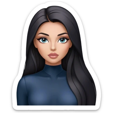 Glamours, tanned, very beautiful girl, with big pump peach-beige-rose lips, long long lashes, black straight smooth silky long hair, straight parting hair, blue-grey eyes in black long-sleeves bodysuit sticker
