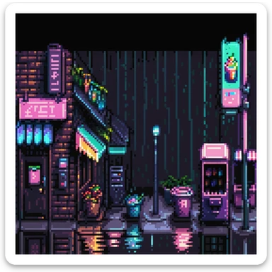 Pixel art urban street at night, side view, neon lights, vending machine, empty sidewalk, moody atmosphere, light rain reflections, trash bins, vertical 9:16 aspect ratio, Sega Genesis fighting game background
 sticker