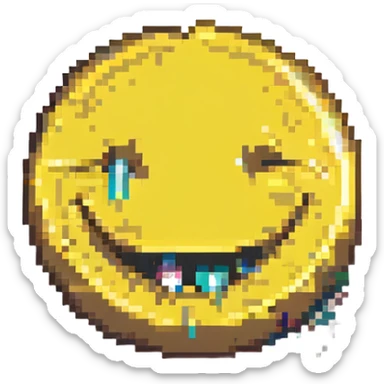 smiley face with missing teeth, pixel art style sticker