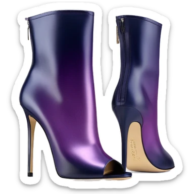 Real isolated top view of a pair of metallic dark navy to dark purple ombre Jimmy Choo stiletto peep toe ankle bootie boots.  sticker