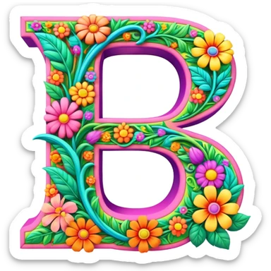 3D, gothic style psychedelic colored capital Letter R with hippie style flower border sticker