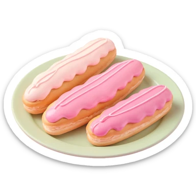 3D iOS-style illustration of three eclairs with pink glaze and cream on a plate, pastel color palette, soft lighting, no background. sticker