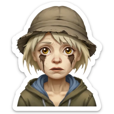 very dirty looking homeless woman with ripped hat and smudged face with ugly hair sticker