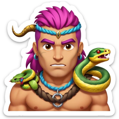 a barbarian with big eyebrows and colourful hair, powefull and strong, in full size with snake in his neck sticker