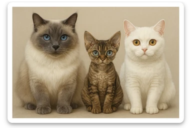 Group of three cats facing forward: leftmost is a big blue point Birman male with blue eyes, middle is a small brown tabby Devon Rex female with pale blue eyes, rightmost is a small white British Shorthair female with yellow eyes. sticker