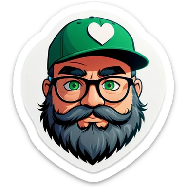 A bold man with a grey baseball cap, green eyes, big beard and glasses hugging heart sticker