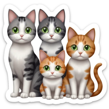 4 different coloured small cats including a dark grey and white, and a patchy calico, and a brown tabby and white,  and a completely solid dark grey with green eyes and only white paws sticker