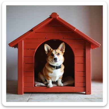 realistic red dog house with a Corgi dog inside, Corgi with a collar, photorealistic style sticker