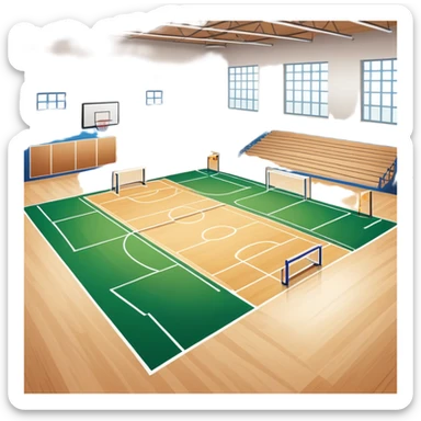 A mini-football match in an indoor sports hall with a wooden floor and clear court markings. The scene captures players in action, with the ball moving towards the goal, and the surrounding bleachers and overhead lights adding to the atmosphere of a competitive game. sticker
