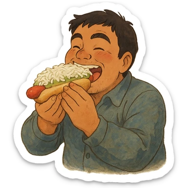 ghibli style of a Chilean person happily eating a completo hot dog sticker