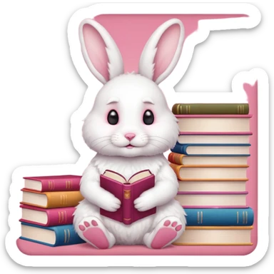 White rabbit sitting on 4 legs next to a stack of books consisting of 3 books sticker