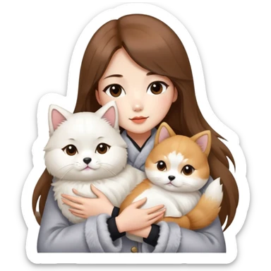 A Chinese fashion girl with brown hair, wearing a light gray fur coat, hugging a Shiba Inu and a long-haired white Persian cat. sticker