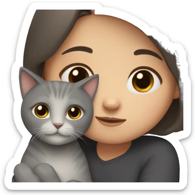 Girl with dark brown hair cuddles grey cat  sticker