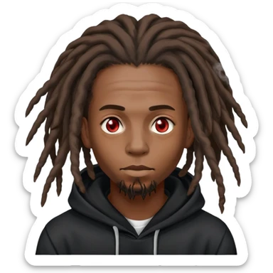 black male with dreadlocks, light red eyes, high, exhaling smoke, wearing a hoodie sticker