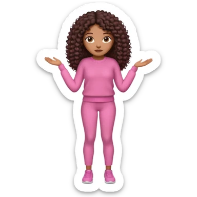 Uma menina negra da pele clara magra definida com roupa de malha rosa, com cabelo cacheados  todo castanho escuro bem grande até a cintura sem muito volume no cabelo sticker