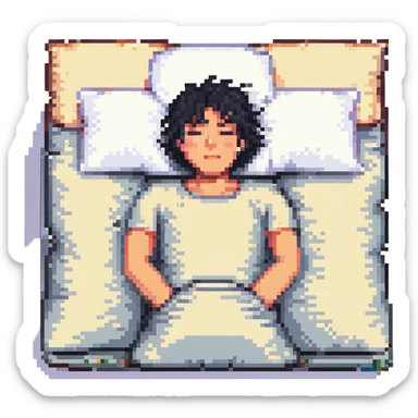 man with black hair drooling while sleeping with his head on a pillow, pixel art style sticker