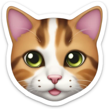 young striped calico cat face with a pink nose, white chin, green eyes, and orange/brown markings sticker