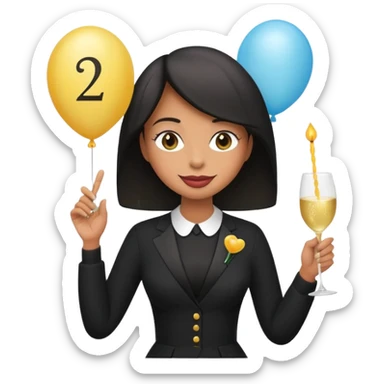 Emoji-style illustration of a funny woman in black funeral outfit holding a prosecco glass, balloon with number 29, ironic birthday funeral theme, playful expression, flat emoji design, pastel tones, high resolution sticker