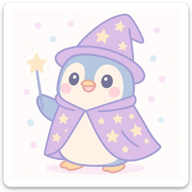 cute penguin wizard with starry cloak and wand sticker
