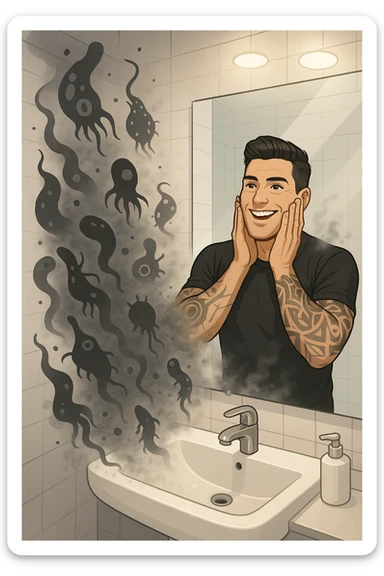 a man stands in a brightly lit bathroom, looking relieved and revitalized as he examines his reflection in the mirror. In the foreground, stylized, shadowy images of parasites (such as worms or protozoa) are shown leaving his body, dissolving into mist or fading away. His posture is upright and his expression is one of newfound energy and health. sticker