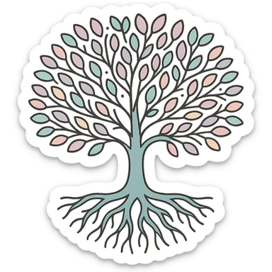A tree symbolizing family history and a genealogical tree, volumetric with detailed shadows and highlights, with finely drawn branches, leaves, and roots as in the reference. Use thin clean contours, soft rounded shapes, pastel palette #98B5BC, #B5B3C1, #C9A3C9, #E4C0CA, #F7DCD1, #F7C0AA. Style inspired by modern Japanese pop-art and sticker aesthetics, with soft lighting and transparent background. sticker