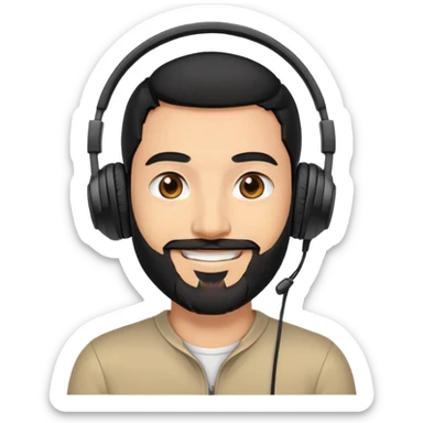 Smiling man with black hair, brown eyes, black beard wearing gaming headphones sticker