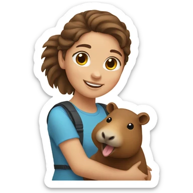happy girl with brown hair holding capybara  sticker