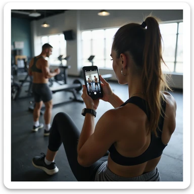 young woman in fitness clothing in gym, recording video check for coach with smartphone while doing bench press, tidy and bright environment, hyperrealistic details, 4K, 5/8 sticker