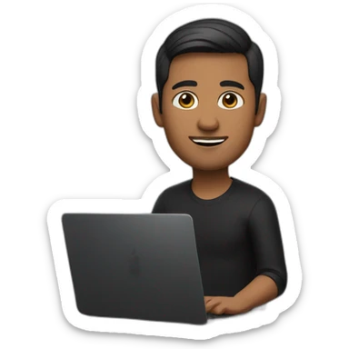     memoji of a man with a laptop in front, apple-style,modern,dark hair,black sweater,computer in hand, srilankan brown skin, sitting on his desk sticker