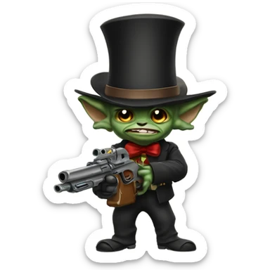 Make a little gremlin ￼with a top hat and a gun sticker
