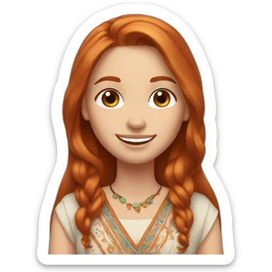 redhead white woman medium long straight hair, greets smiling, wearing boho dress sticker