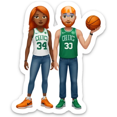 A Bald white man with blue eyes, an orange beard, a Jason Tatum jersey, jeans and green/white Nike sneakers. 

48-year-old dark skin black woman with brown eyes, long dark brown hair dressed in sexy Boston celtics outfit & wearing stilettos. sticker