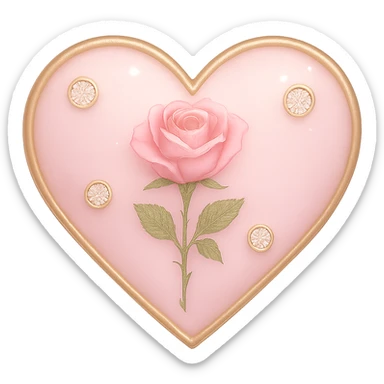 Make the single rose pink heart in pastel pink enamel with sparkling gems and a subtle gradient, with a soft glowing effect. The image should be tiny size and have no background. sticker