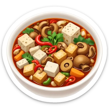 Chengdu Maocai spicy assorted ingredients in bowl, simplified emoji style with bold outlines and bright colors, cartoon style Sichuan street stew sticker