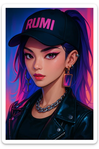 Rumi from Kpop Demon Hunters, close-up portrait, confident expression, stylish accessories, neon lighting, anime-inspired style sticker